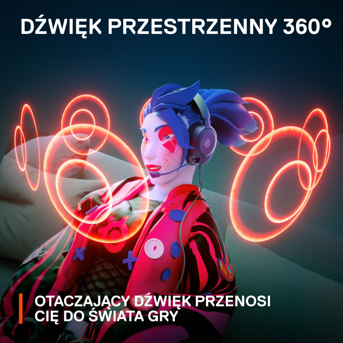 Osoba w słuchawkach z kolorową twarzą, otoczona pomarańczowymi okręgami fal dźwiękowych.