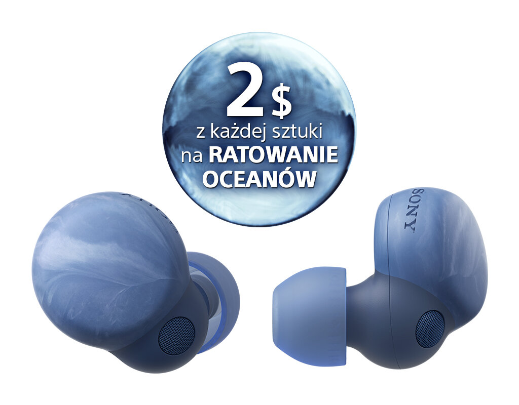 Niebieskie wkładki douszne z naklejką promocyjną, białe tło, tekst o ratowaniu oceanów.