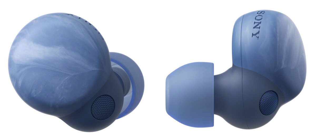 Niebieskie bezprzewodowe słuchawki douszne, z logo Sony. Mają owalny kształt i siatkową konstrukcję.