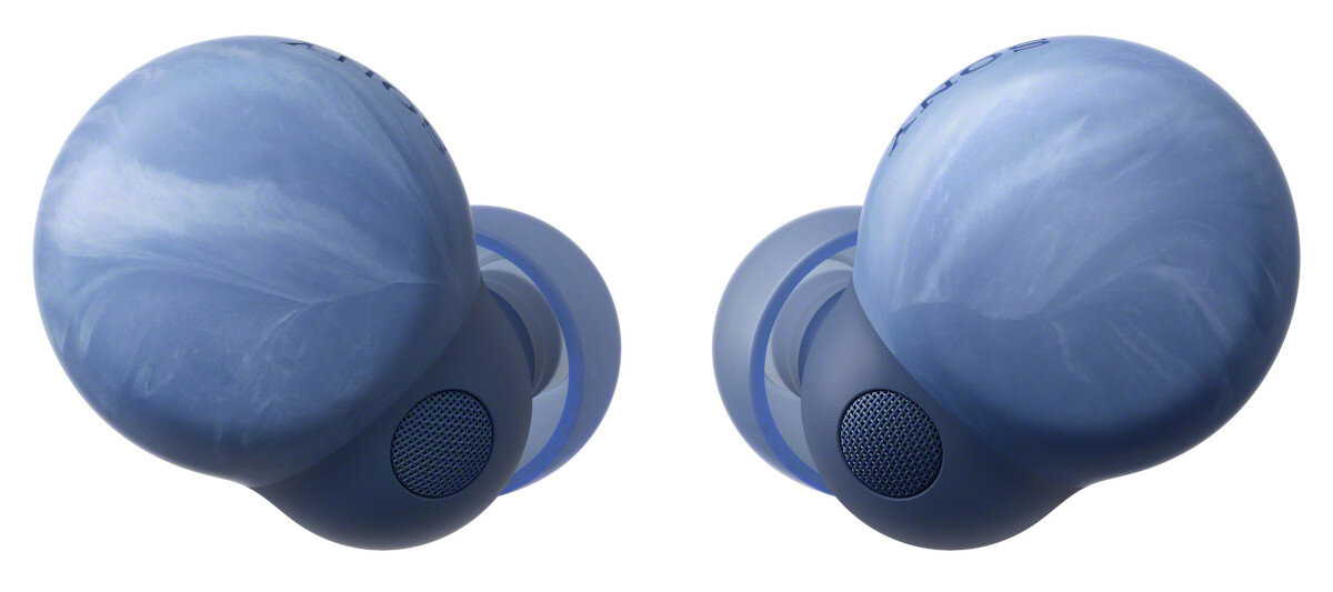 Dwa niebieskie słuchawki douszne z efektem marmuru. Słuchawki są zwrócone do siebie.