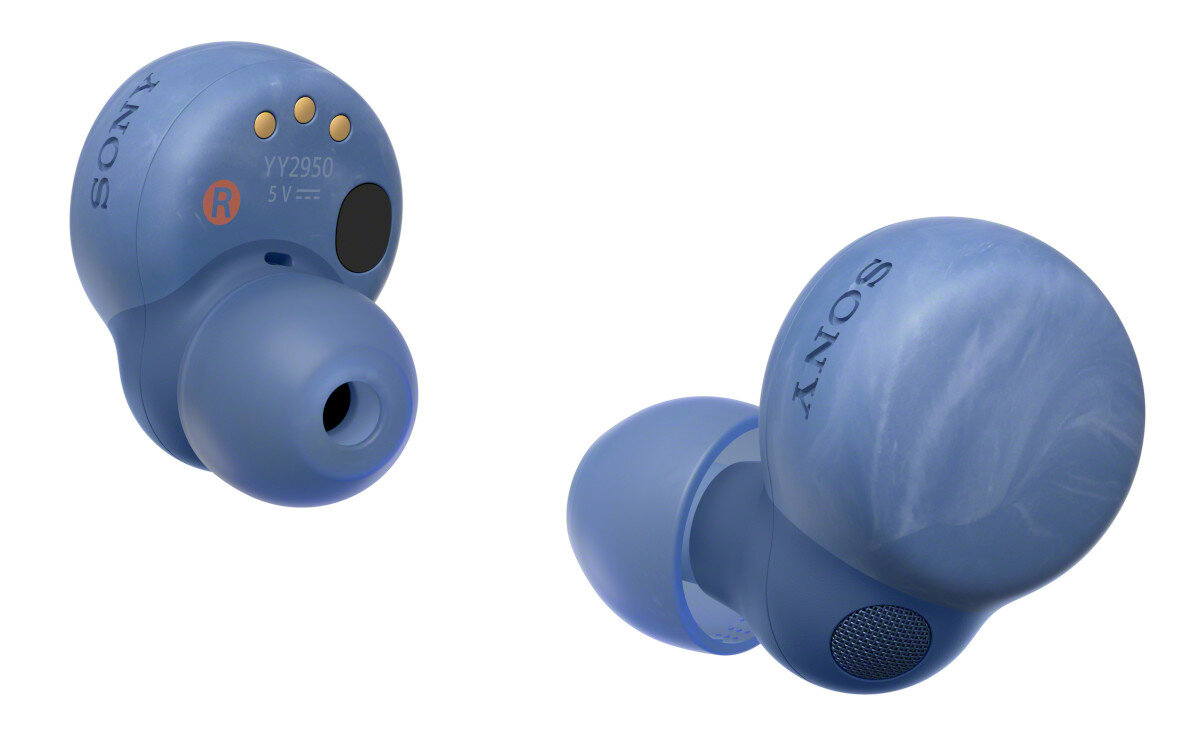 Dwa niebieskie wkładki douszne Sony, widok z boku. Jeden pokazuje szczegóły.