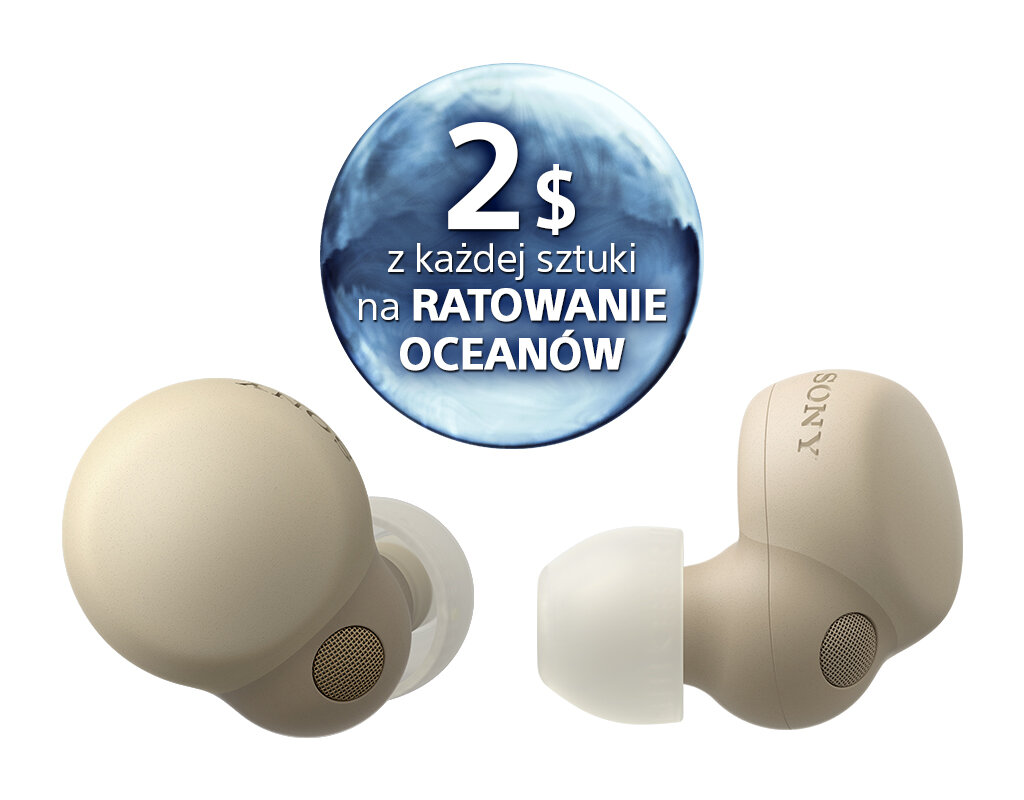 Beżowe słuchawki douszne z naklejką promocyjną: '2$ z każdej sztuki na ratowanie oceanów'.