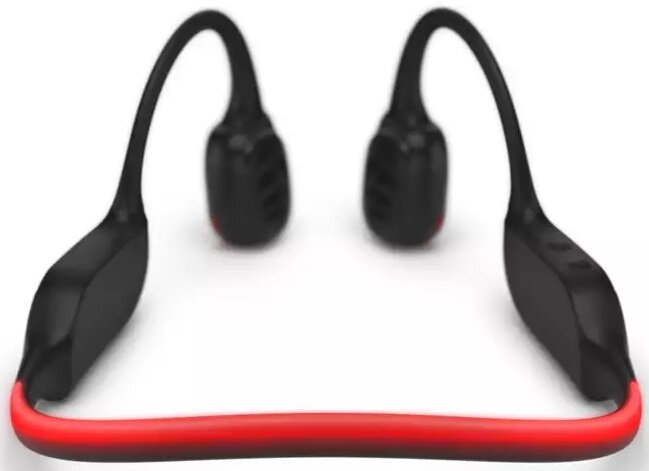 Słuchawki przewodnictwa kostnego. Czarno-czerwony design. Białe tło.