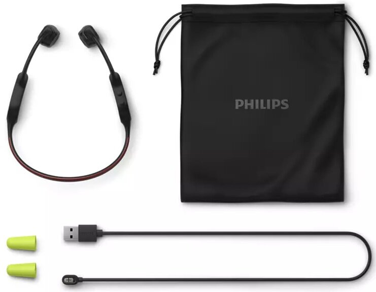 Słuchawki i akcesoria. Czarna torba, kabel USB i zielone końcówki douszne.