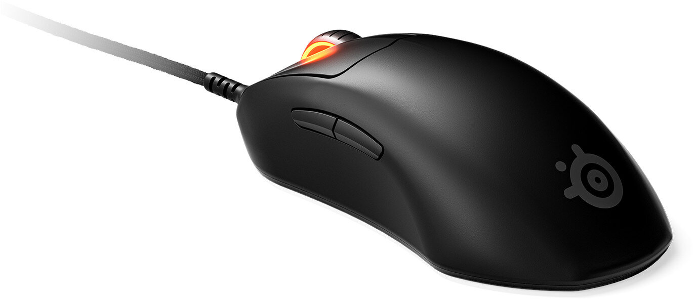 Czarna mysz gamingowa SteelSeries z czerwonym świecącym kółkiem. Czarne tło.