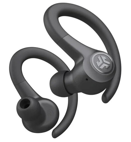 Dwa czarne słuchawki JLab. Jeden ostry, pokazujący haczyk i wkładkę douszną. Białe tło.