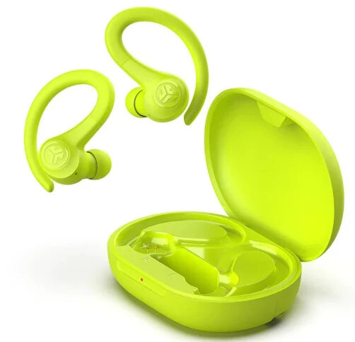 Limonkowe słuchawki z zaczepami na uszy i pasującym etui ładującym.