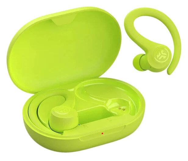 Jaskrawozielone słuchawki i etui. Etui otwarte, jedna słuchawka poza etui.