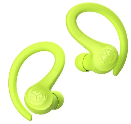 Dwa neonowo-zielone wkładki douszne z haczykami na uszy, na białym tle. Widoczne logo JLab.