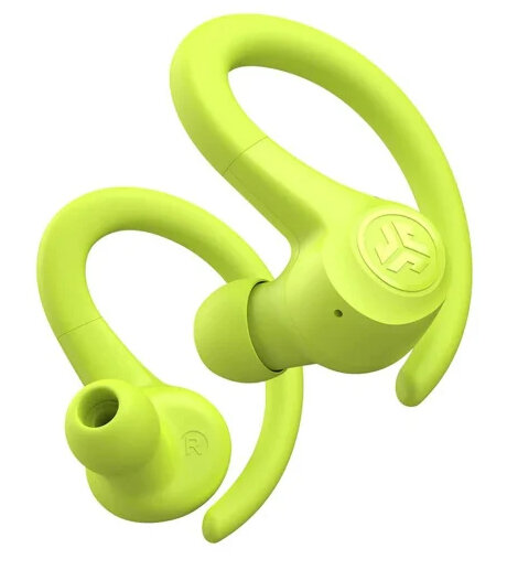 Limonkowo-zielone słuchawki z zaczepami na uszy, pod kątem na białym tle.