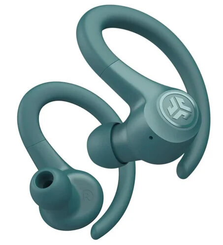 Turkusowe słuchawki douszne zaprojektowane do zaczepiania o ucho. Widoczne logo JLab.