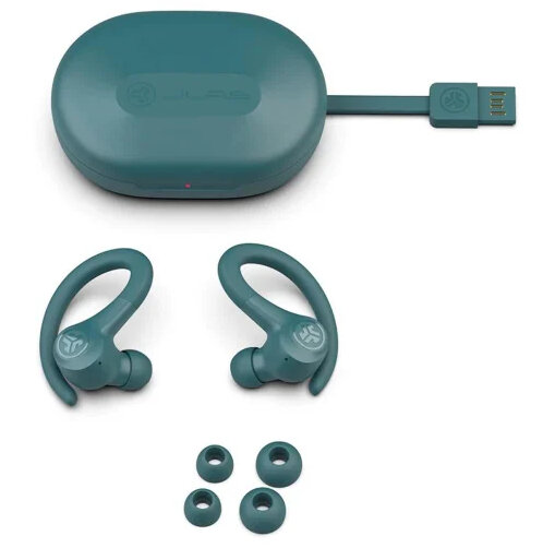 Turkusowe słuchawki douszne i etui ładujące, z dodatkowymi wkładkami dousznymi. Etui ma złącze USB.