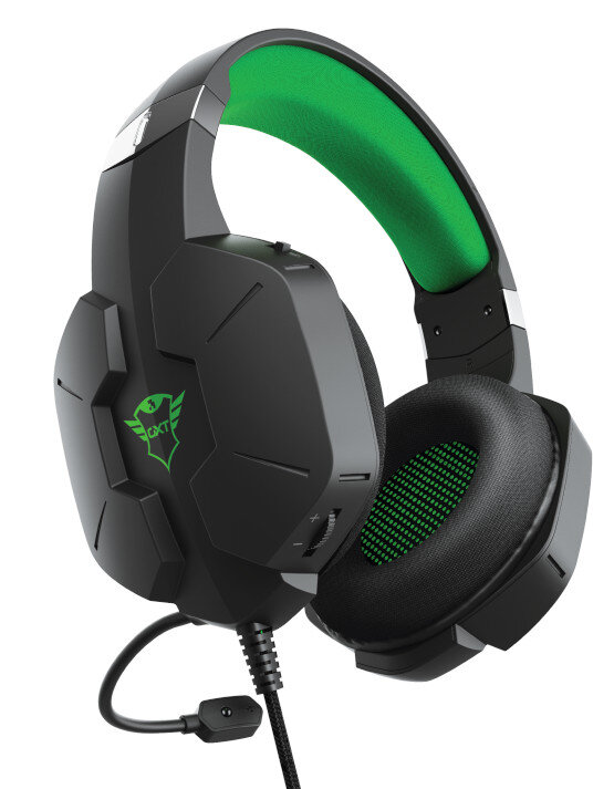 Czarne słuchawki gamingowe z zielonym pałąkiem i nausznicami.