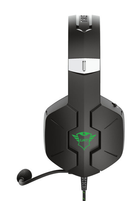 Czarny zestaw słuchawkowy dla graczy z zielonym logo i mikrofonem.