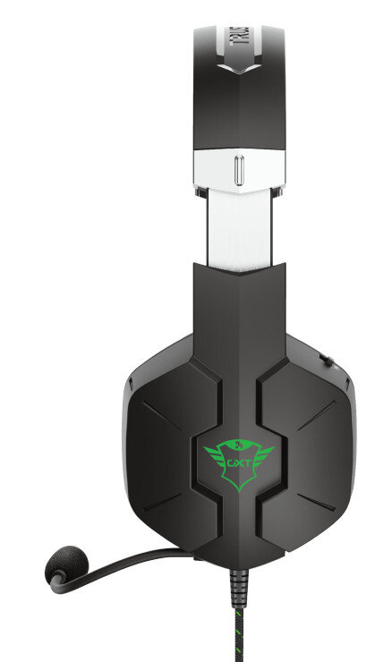 Czarne słuchawki dla graczy z mikrofonem i logo Trust GXT.