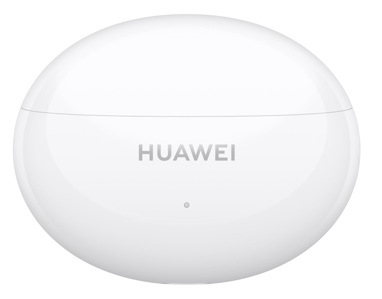 Białe, okrągłe etui ładujące Huawei z logo Huawei. Białe tło.