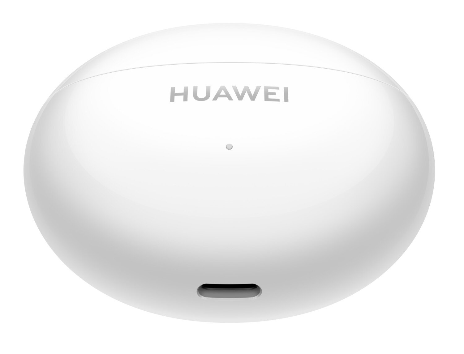 Białe etui ładujące do słuchawek Huawei, z małym otworem na dole.