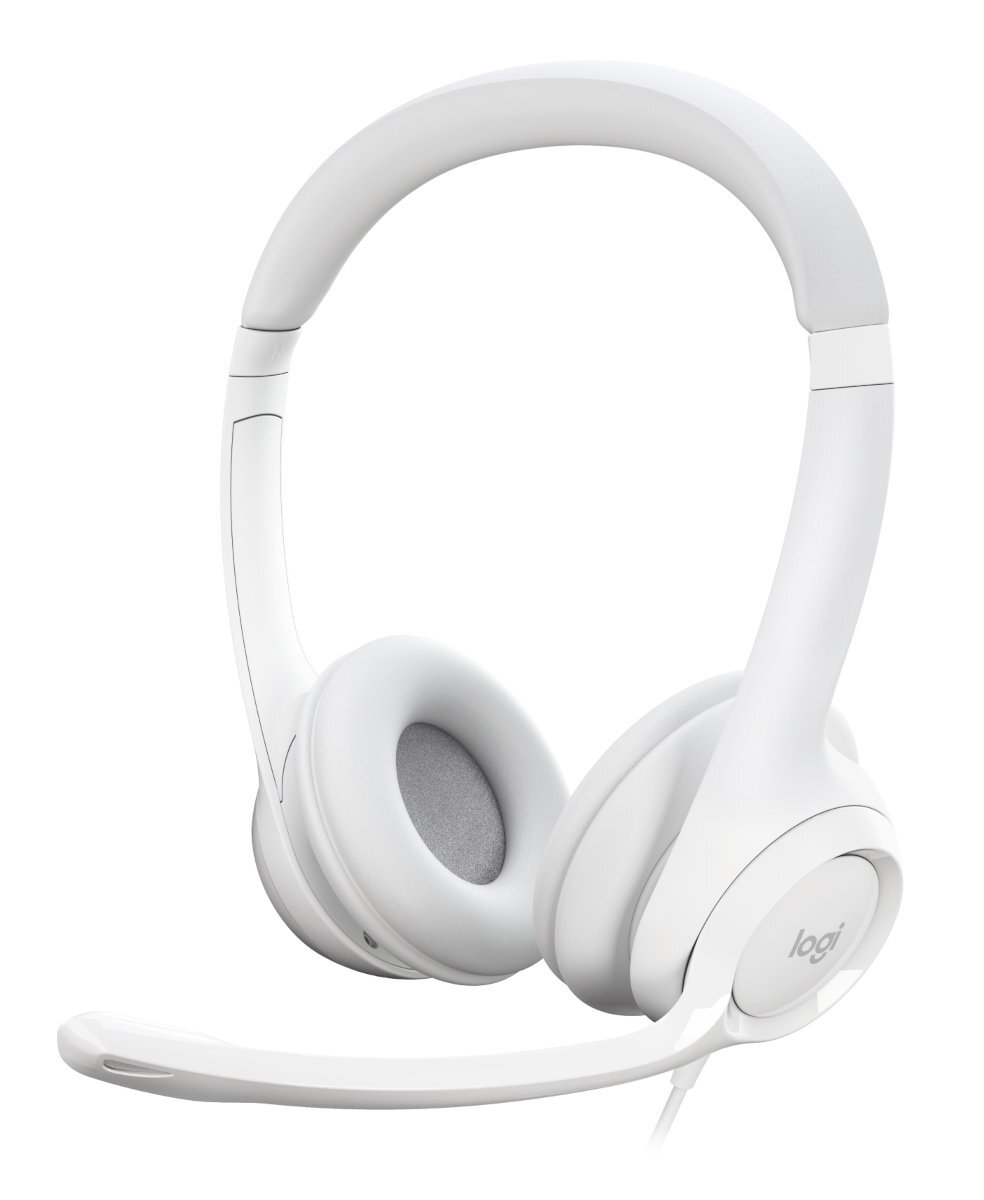 Białe słuchawki z mikrofonem na białym tle.