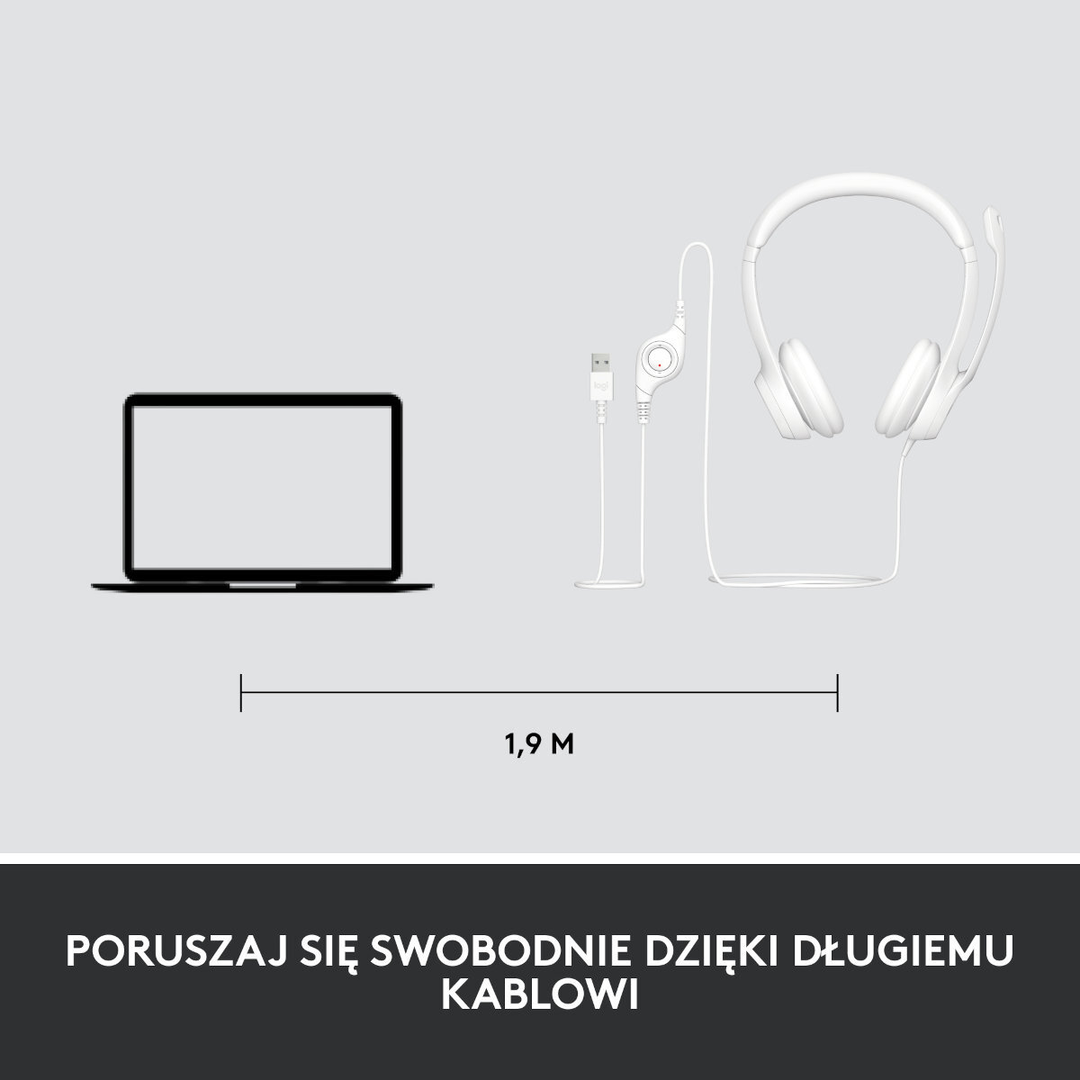 Biały zestaw słuchawkowy, laptop i kabel 1,9 metra. Białe tło.