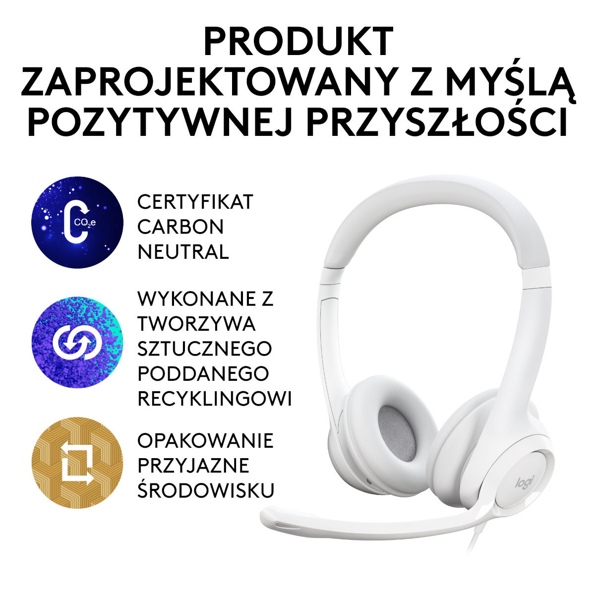 Biały zestaw słuchawkowy z mikrofonem i tekstem po polsku. Tło białe z innym tekstem.
