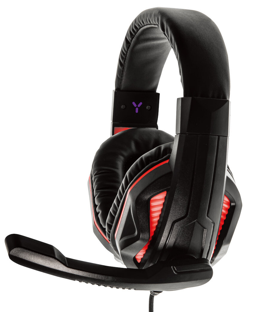 Czarno-czerwony zestaw słuchawkowy dla graczy z mikrofonem. Zestaw słuchawkowy jest na białym tle.