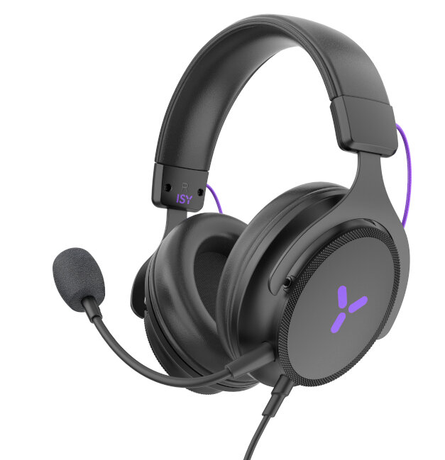 Czarne słuchawki dla graczy z mikrofonem. Fioletowe akcenty. Białe tło.