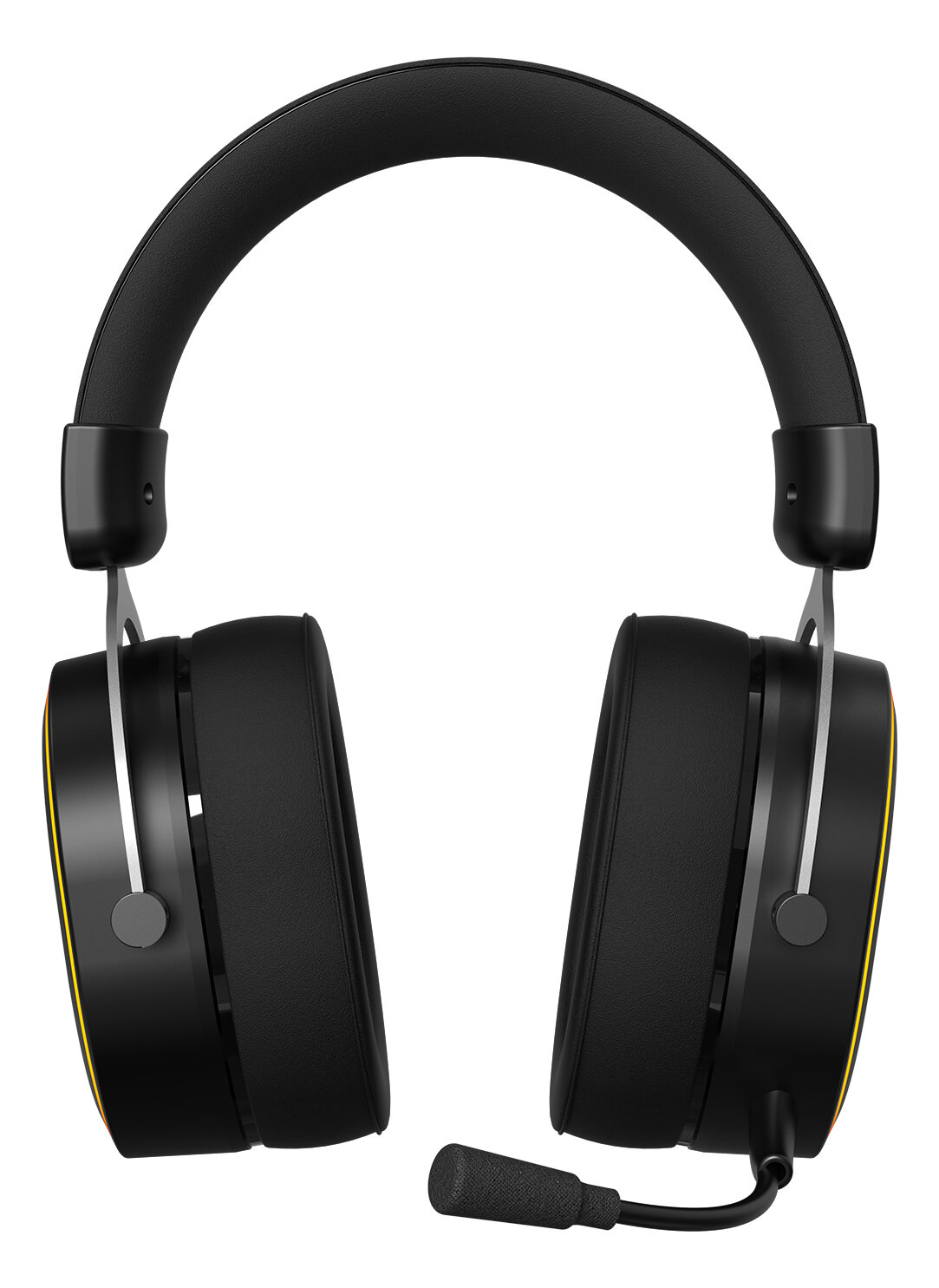 Czarne słuchawki dla graczy z mikrofonem, widok z przodu, z kolorowymi akcentami, na białym tle.