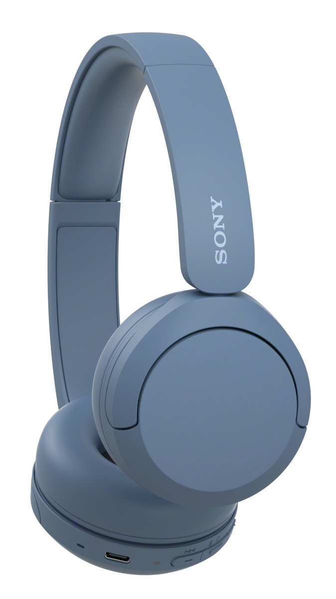 Niebieskie słuchawki Sony, nauszne. Logo Sony z boku słuchawek.