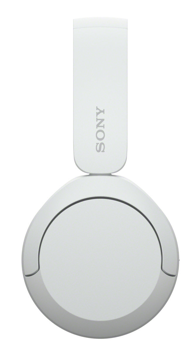 Białe słuchawki Sony, widok z góry, na białym tle, pokazujące pałąk i nauszniki.