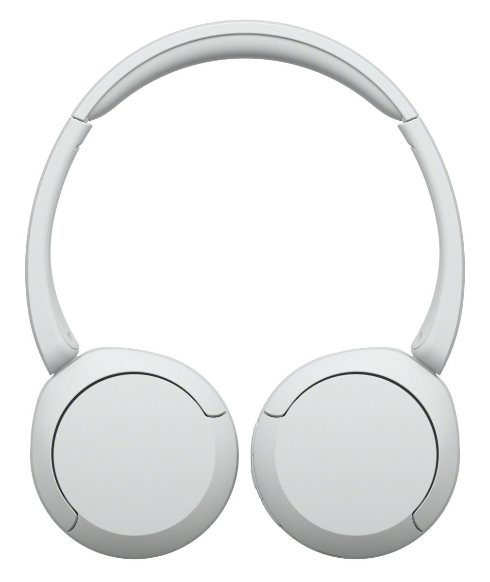 Białe słuchawki, widok z góry, na białym tle.
