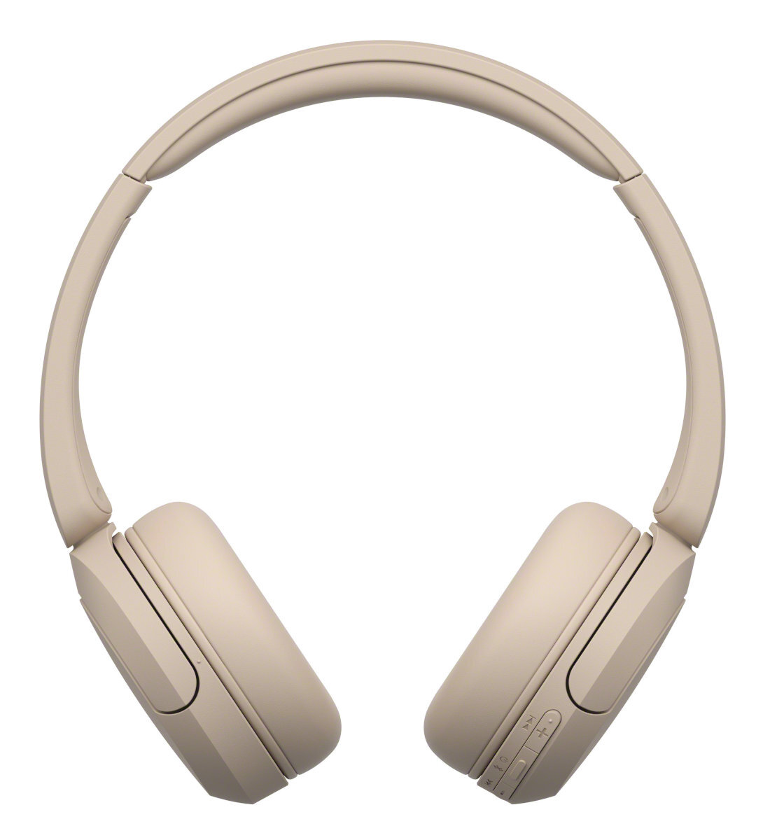 Słuchawki w kolorze piaskowym z pałąkiem i nausznicami. Elementy sterujące na prawej słuchawce. Widok z góry na białym tle.
