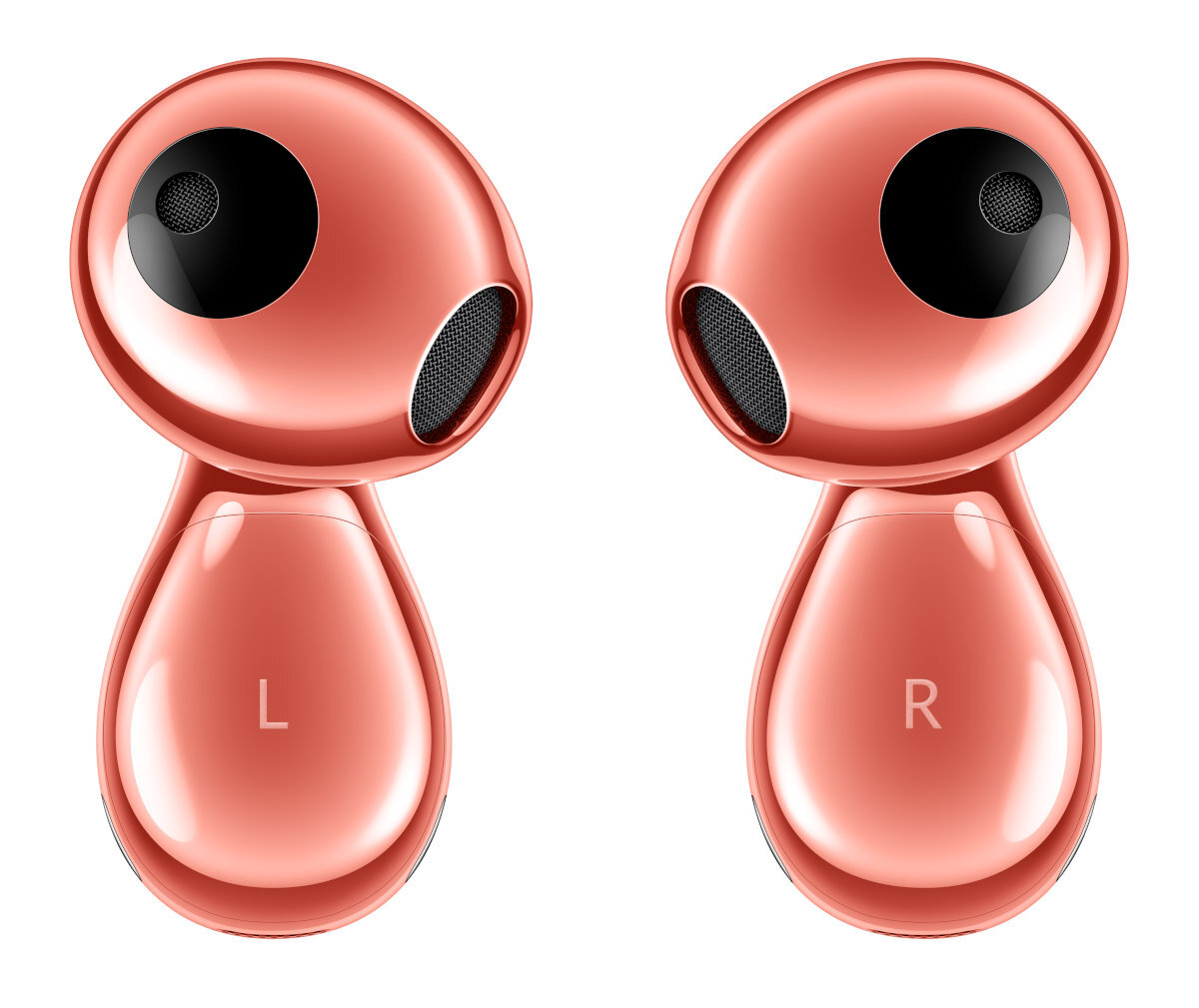 Dwie słuchawki w kolorze różowego złota, oznaczone literami L i R. Każda ma czarny głośnik z siatki.