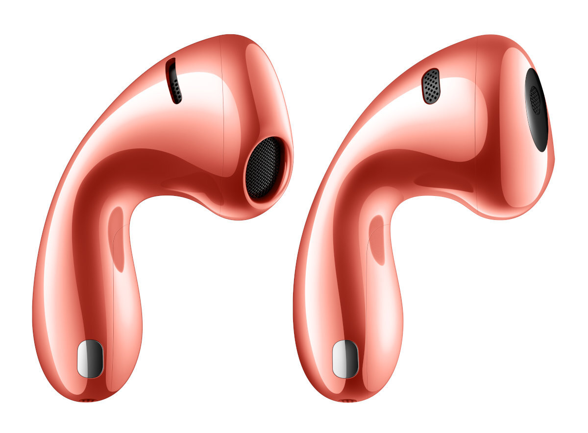 Dwa koloru koralowego słuchawki douszne, kątowe, z siatką i czarnym wnętrzem.