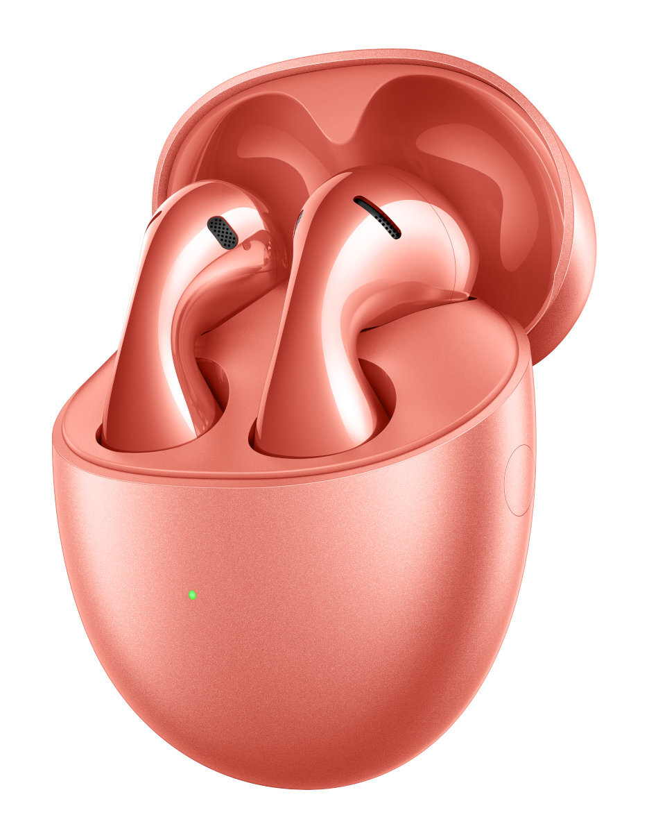 Różowo-złote słuchawki w etui ładującym. Etui otwarte, widać słuchawki.