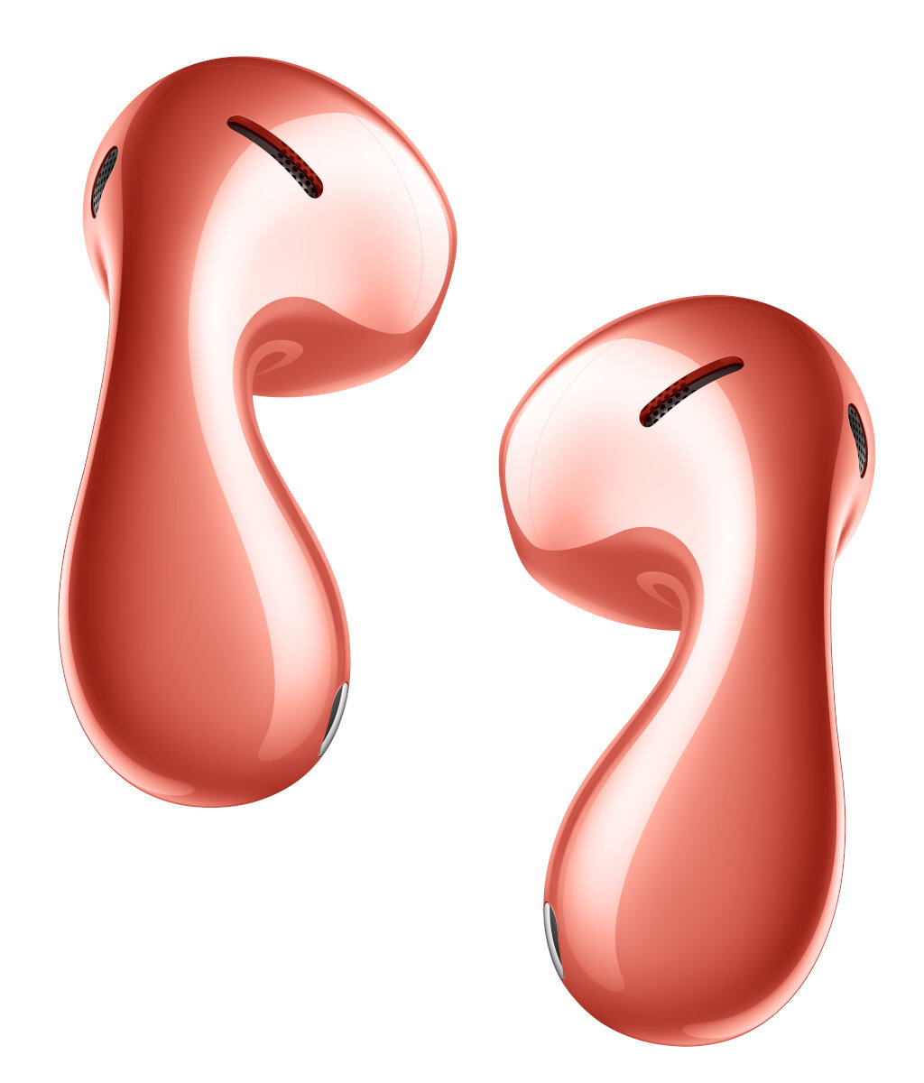 Dwa bezprzewodowe słuchawki w kolorze różowym. Białe tło.