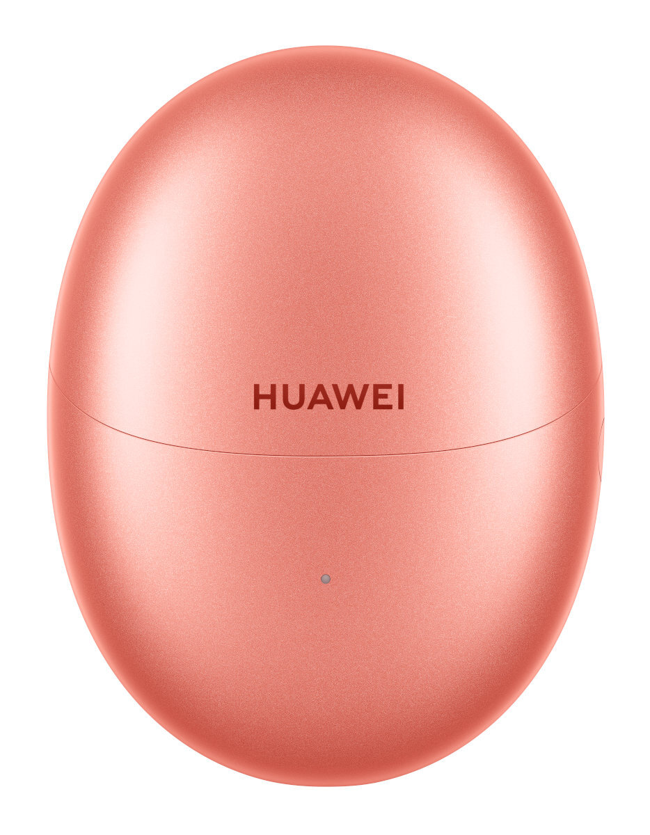 Koralowy, owalny futerał ładujący słuchawek z napisem 'HUAWEI'.