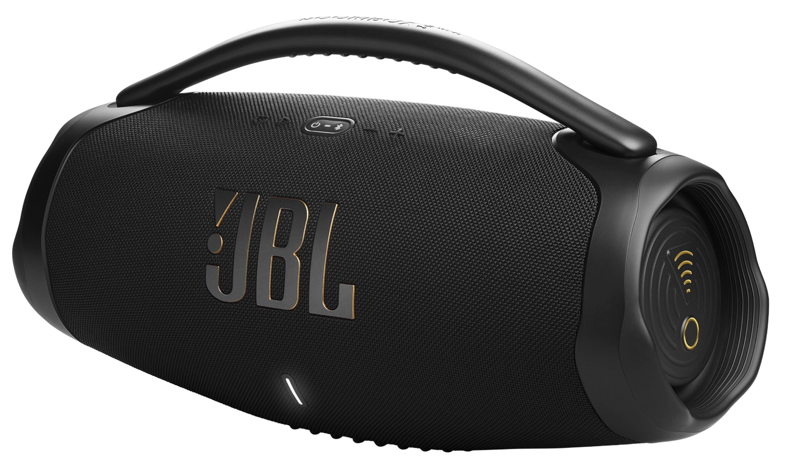Czarny głośnik JBL boombox z uchwytem i złotym logo JBL, czarne tło.
