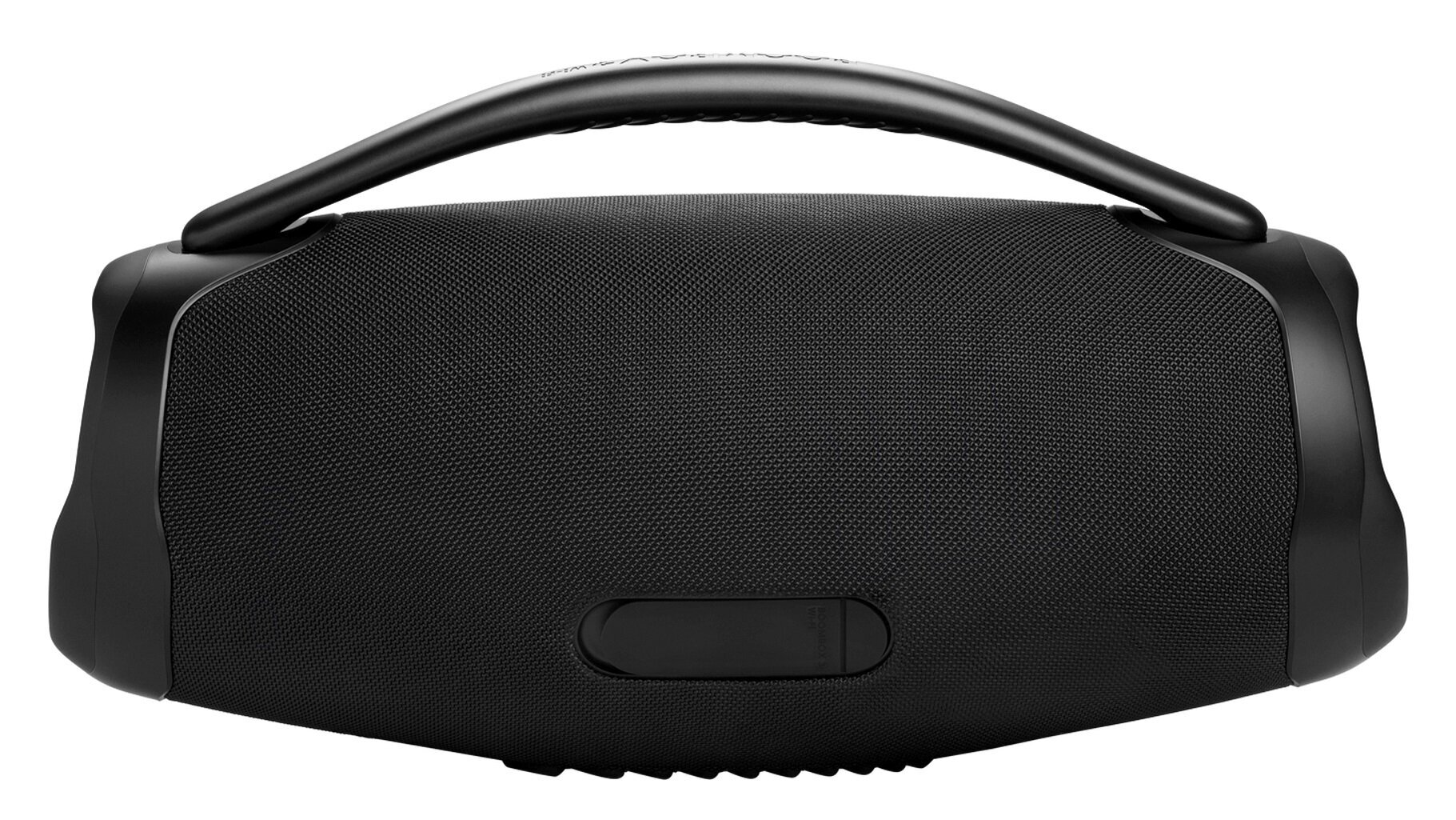 Czarny głośnik z uchwytem, widok z przodu, białe tło.