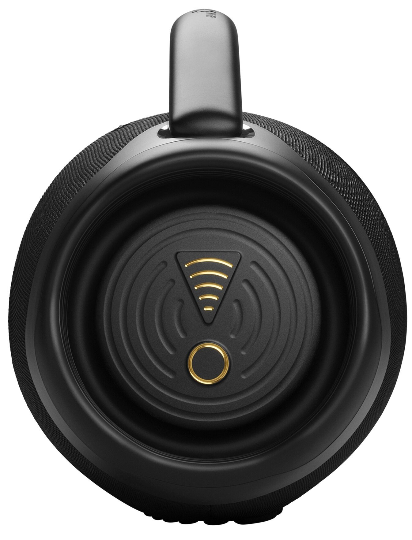 Czarny głośnik cylindryczny ze złotym panelem sterowania.