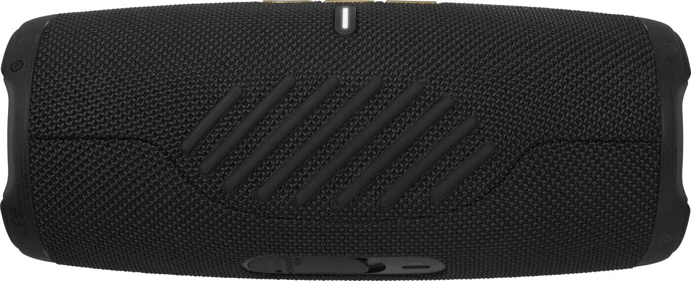 Czarny głośnik z wzorem i maskownicami. Widok z góry.