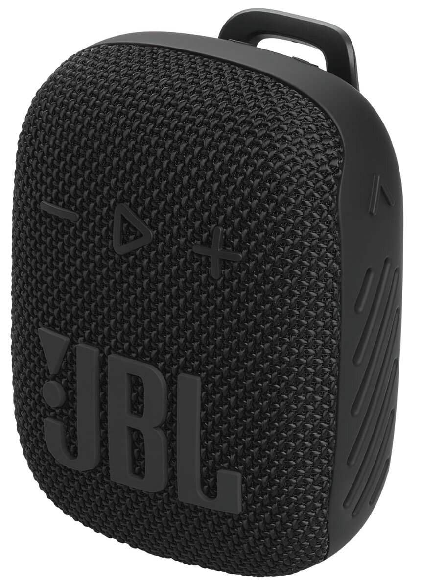 Czarny głośnik JBL z siatkowym przodem i logo JBL. U góry uchwyt.