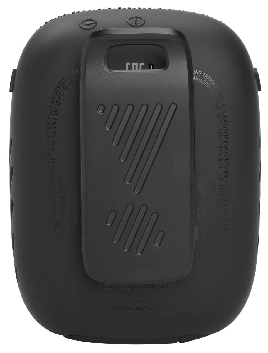 Czarny głośnik, widok z tyłu. Zawiera klips i teksturowaną powierzchnię. Głośnik jest owalny.