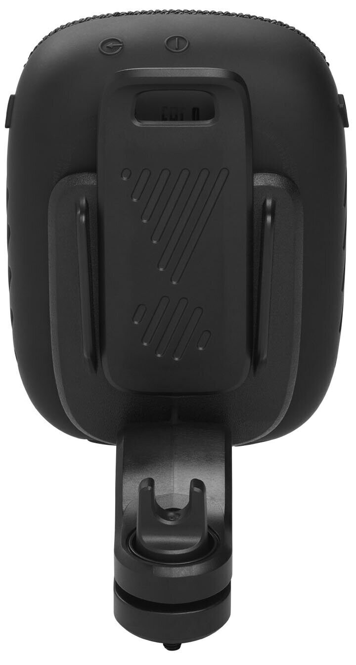 Czarny głośnik z klipsem z tyłu, mocowaniem do statywu i przyciskami sterowania.