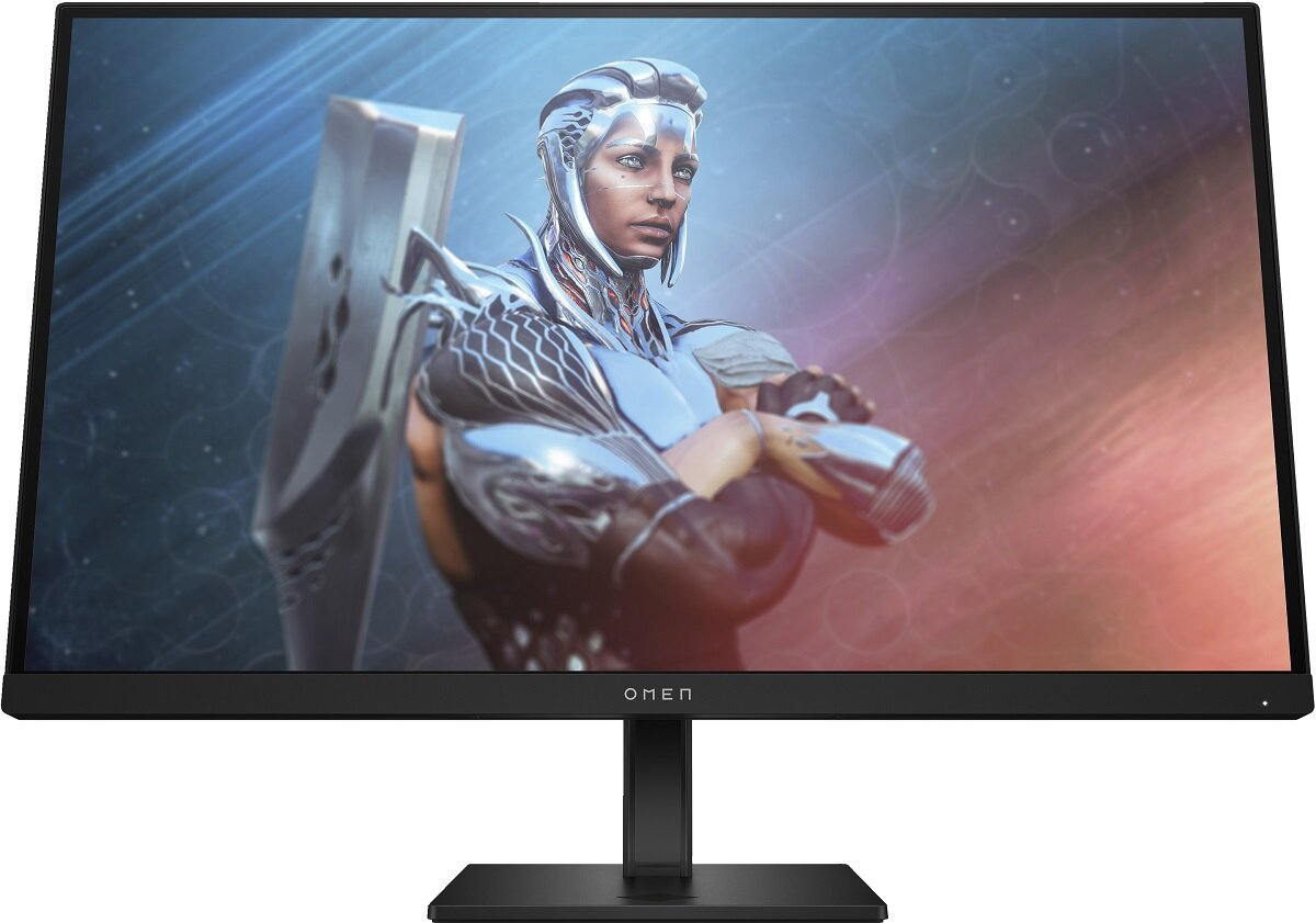 Czarny monitor komputerowy z futurystyczną postacią na ekranie, na czarnym stojaku, z napisem OMEN.
