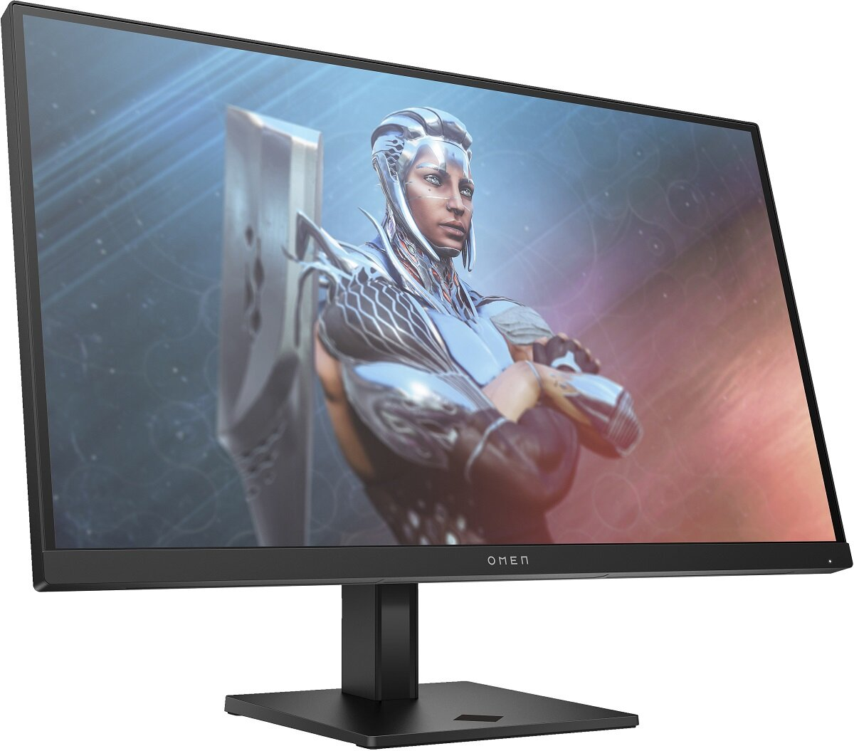 Czarny monitor komputera wyświetlający kobietę z futurystycznym designem.