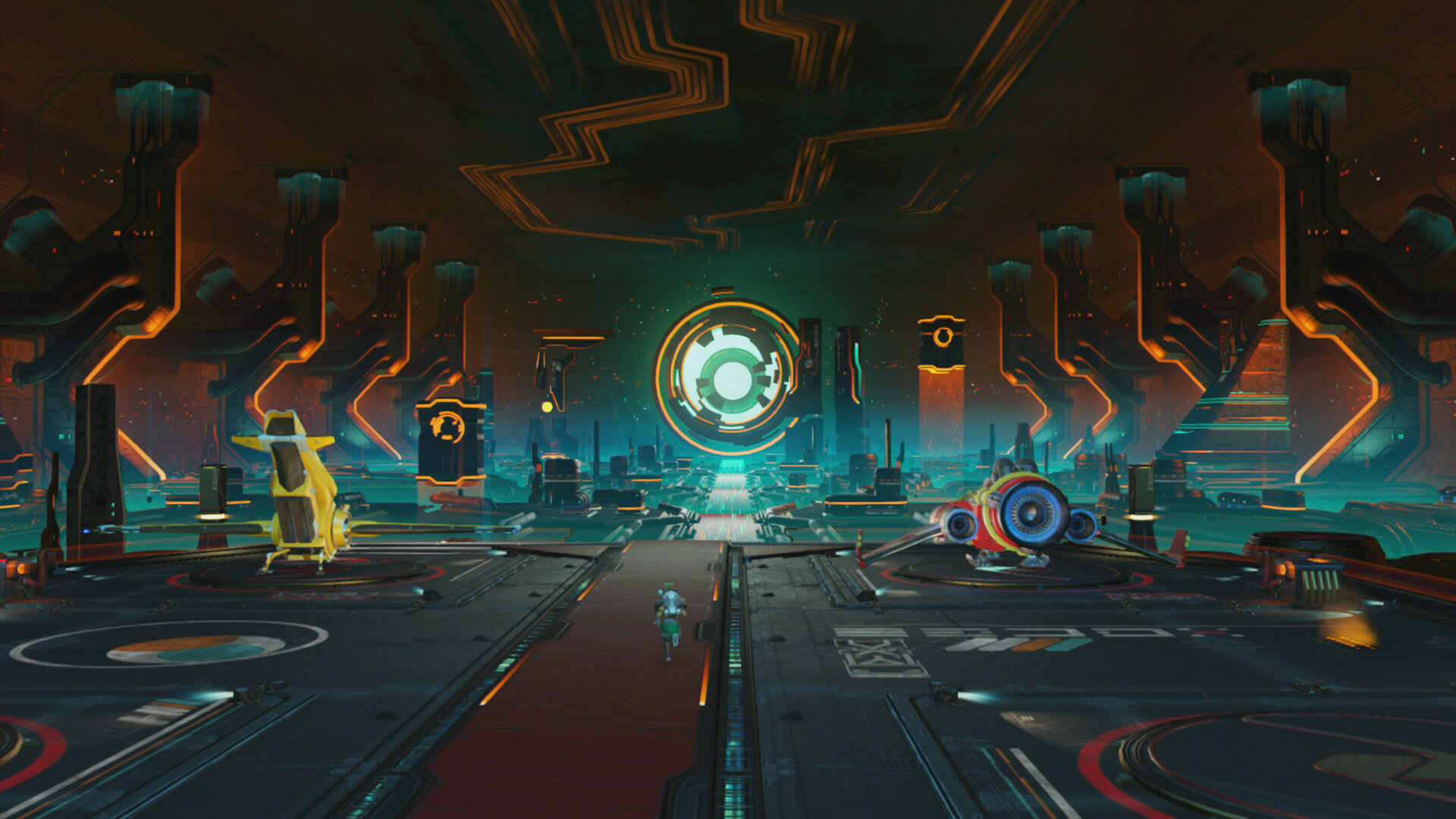 Futurystyczna scena wnętrza. Dwie postacie idą w kierunku dużej okrągłej struktury, z dwoma zaparkowanymi pojazdami.