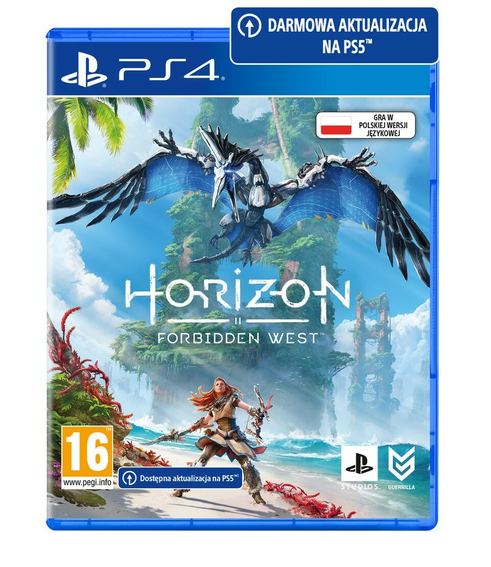 Okładka gry na PS4 Horizon Forbidden West. Kobieta z łukiem staje naprzeciwko mechanicznemu ptakowi na błękitnym niebie.