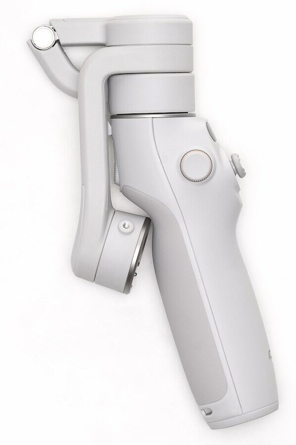 Szary, ręczny stabilizator gimbal. Ma przyciski i uchwyt. Białe tło.