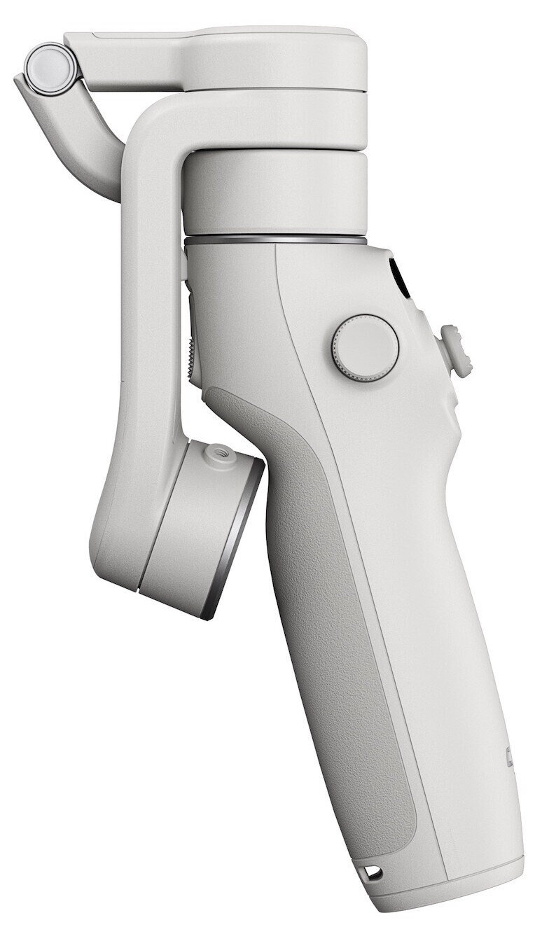 Biały gimbal ręczny. Urządzenie ma uchwyt i przyciski z boku.