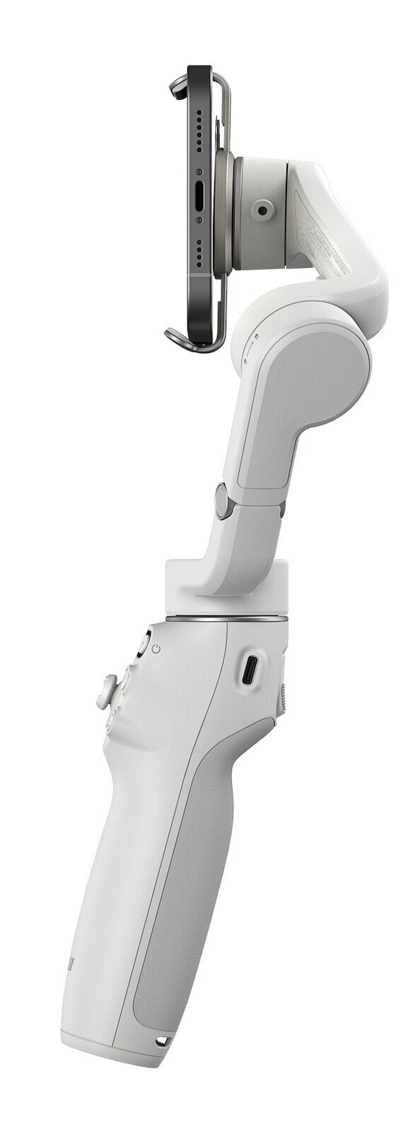 Biały DJI Osmo Mobile 6 z dołączonym telefonem. Posiada uchwyt i elementy sterujące.
